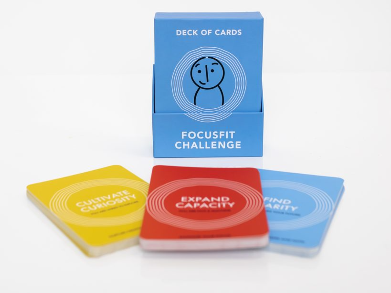 The three color-coded FocusFit card decks fanned in front of the deck box